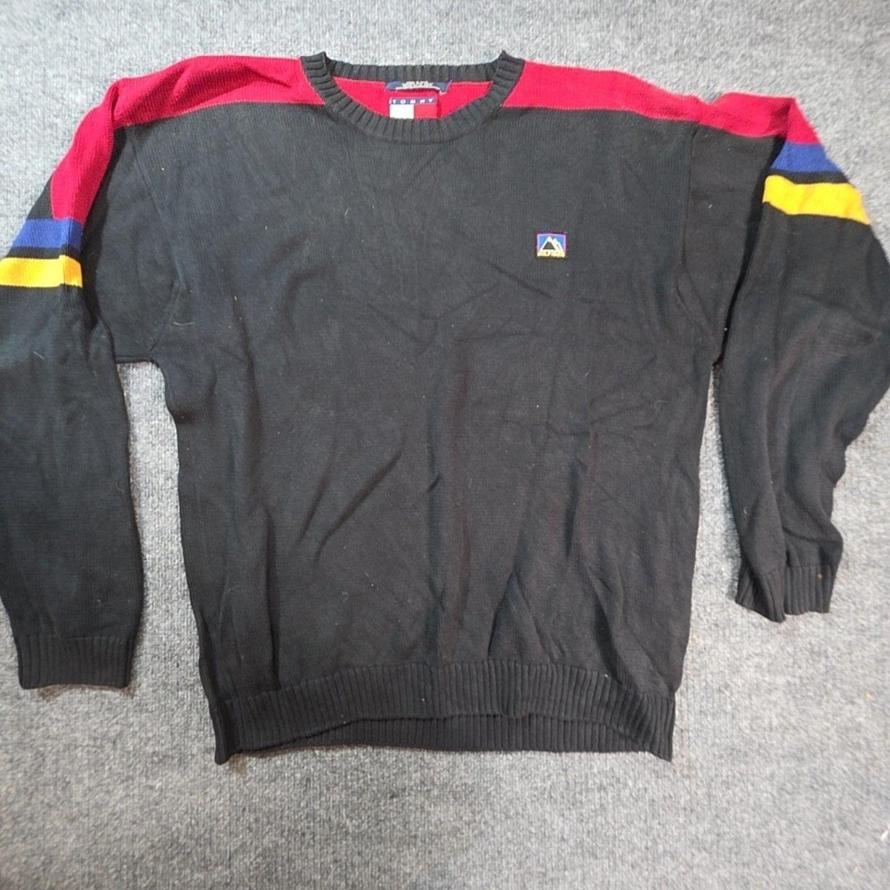 Tommy Hilfiger Sweater Mens Large Black Stripe Crewneck Knit Pullover Logo